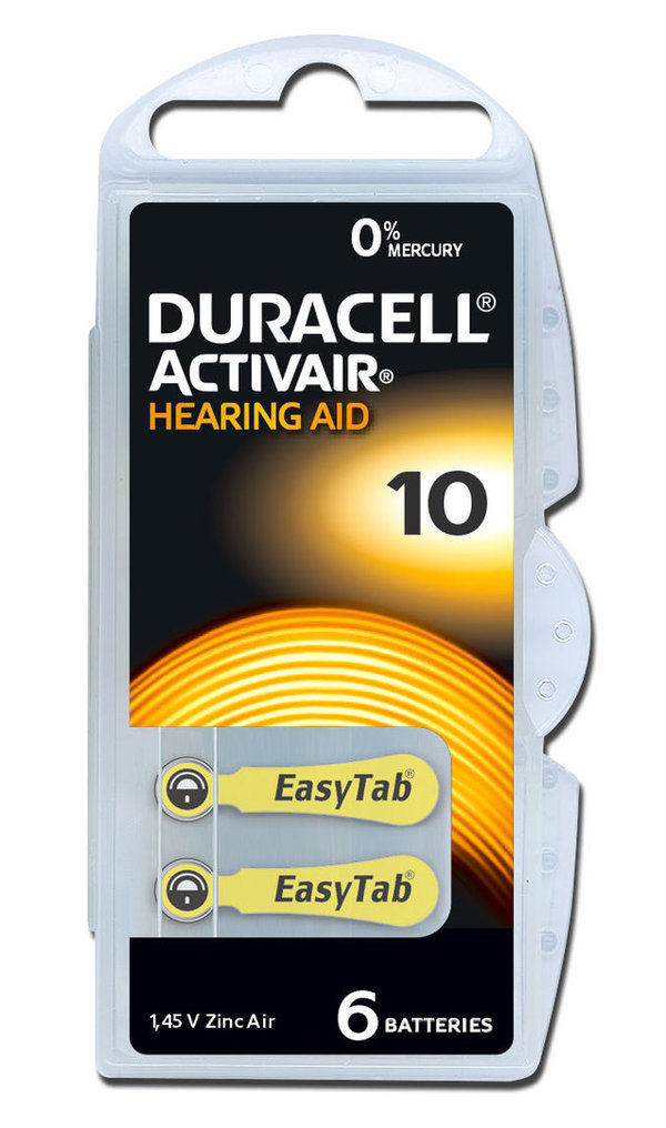6 x Duracell Hearing Aid Batteries Size 10 / YELLOW
