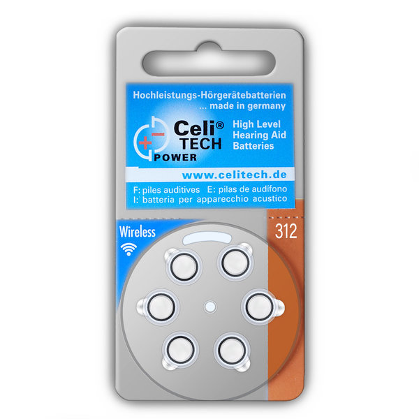 6 x Celitech Hearing Aid Batteries Size 312 / BROWN