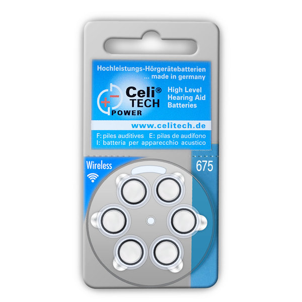 6 x Celitech Hearing Aid Batteries Size 675 / BLUE