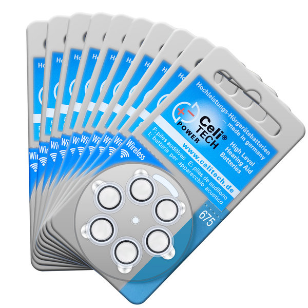 60 x Celitech Hearing Aid Batteries Size 675 / BLUE