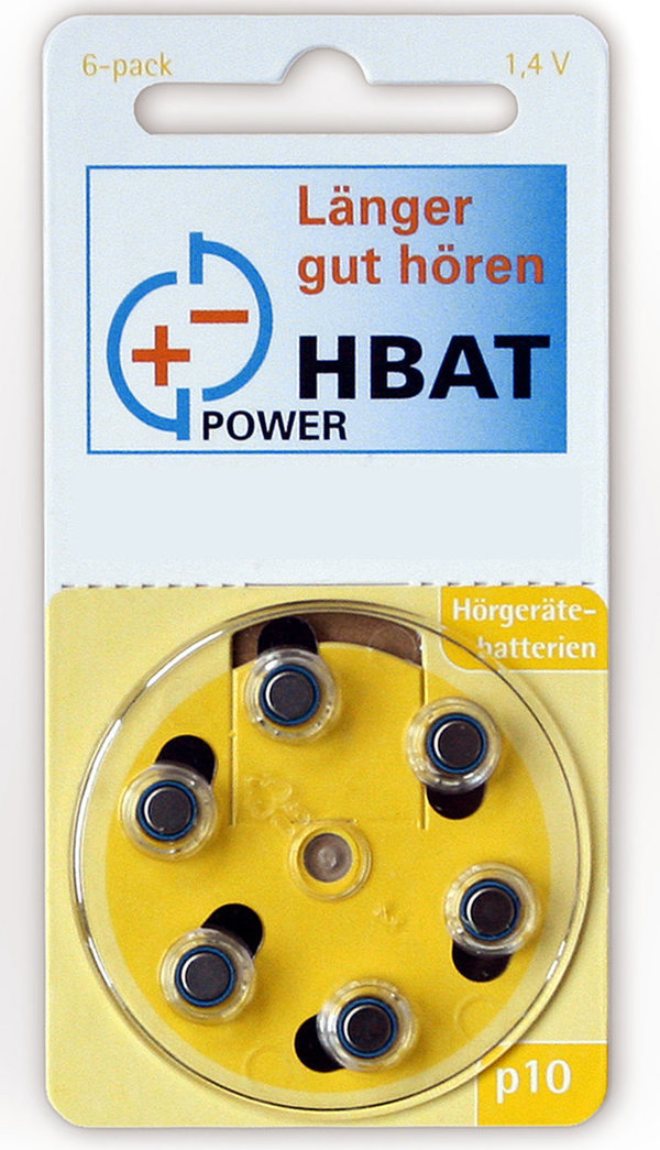 6 x hbatPower Hörgerätebatterien Gr. 10 / GELB