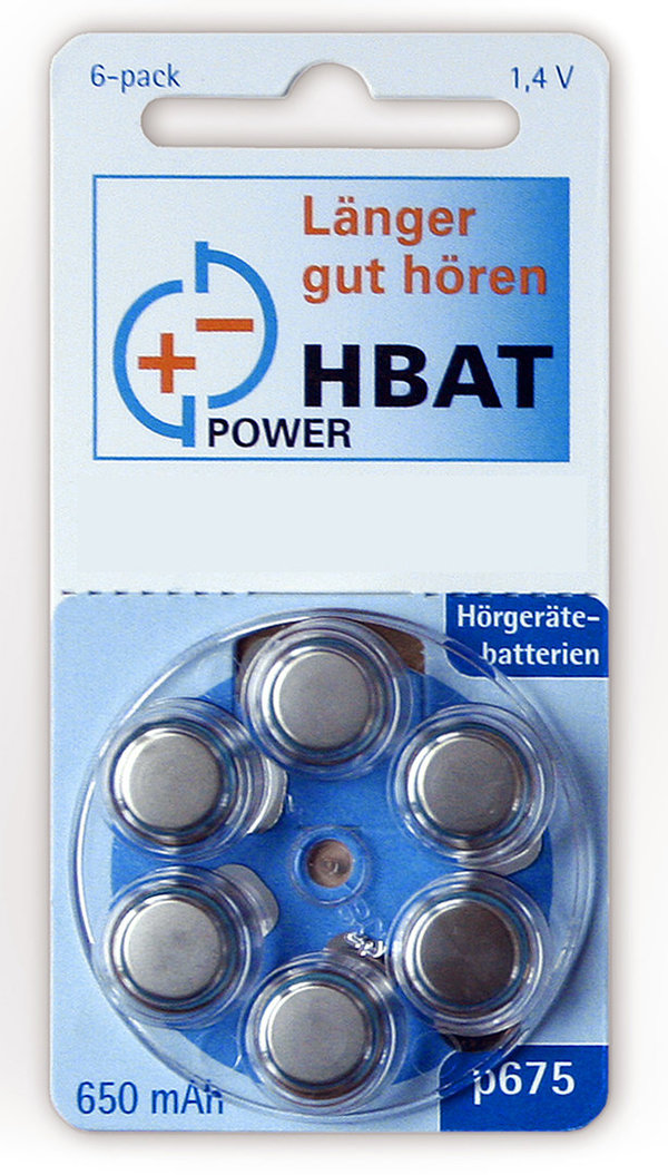 6 x hbatPower Hearing Aid Batteries Size 675 / BLUE