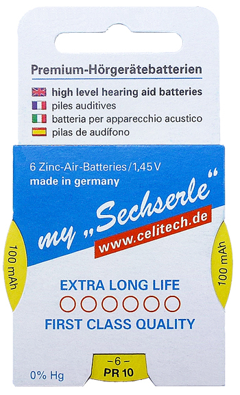 6 x "Sechserle" Hörgerätebatterien Gr. 10 / GELB in der Recycling-Verpackung
