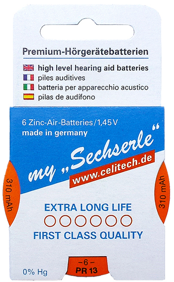 6 x "Sechserle" Hörgerätebatterien Gr. 13 / ORANGE in der Recycling-Verpackung