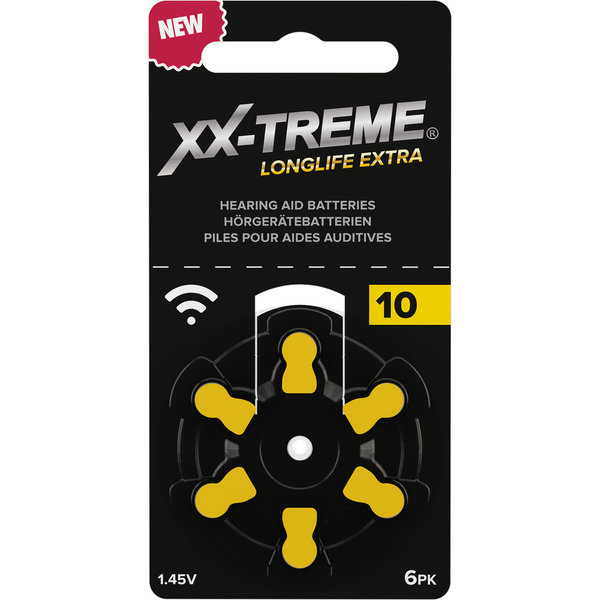 6 x XX-TREME Longlife Extra hearing aid batteries size. 10 / Yellow